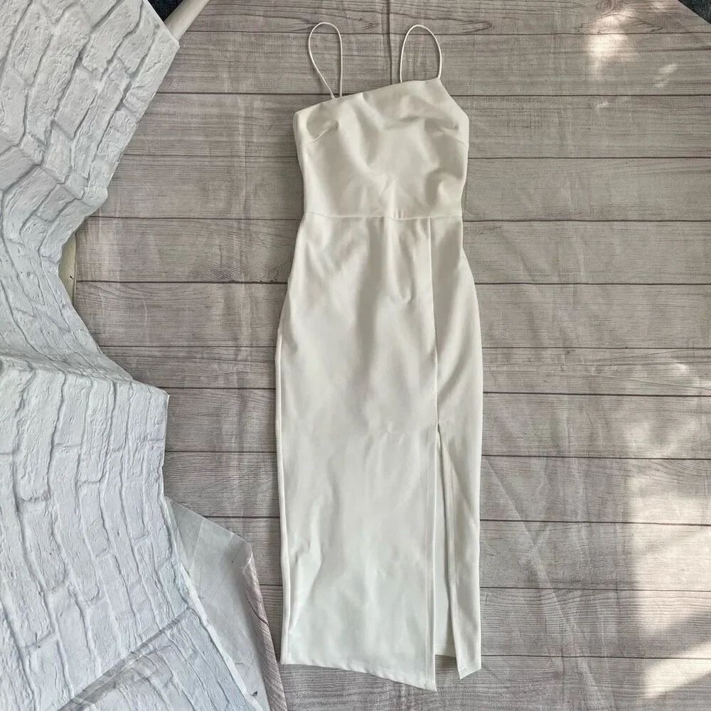 Petal & Pup women 2 spaghetti strap bodycon asymmetrical midi dress white new